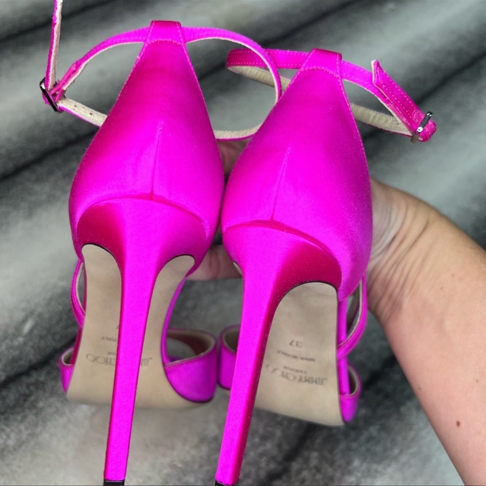 Jimmy Choo Liu 100 Satin Heeled Sandals Fuchsia Heels - Picture 4 of 8